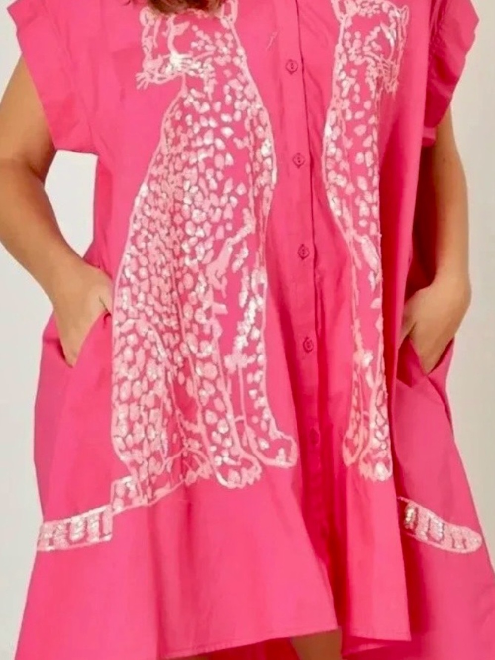 Peach Love California, Bright Pink shirt dress with sequin leopards.